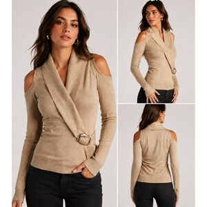 Cache Vintage Y2K Gold Metallic Cold Shoulder Shawl Collar Buckle Sweater XS